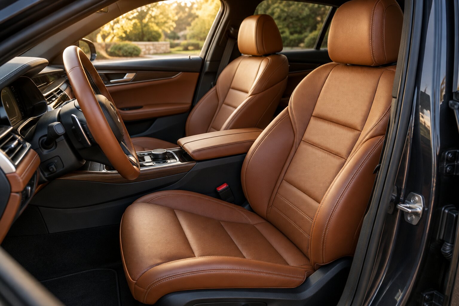 Illustrative car interior with cognac leather seats and a steering wheel