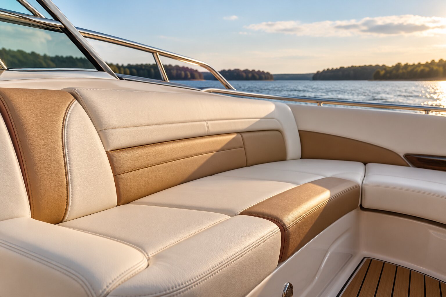Illustrative motorboat with white and tan upholstered seating beside a lake