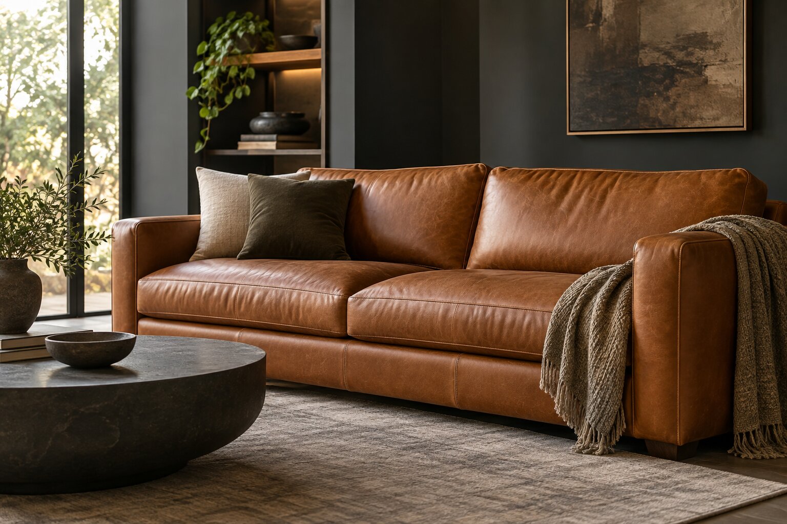 Illustrative cognac leather sofa in a modern living room